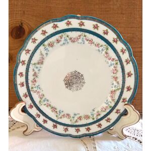 Antique Austria Porcelain Salad Plate Pink Rose Teal Gold Filigree Scalloped